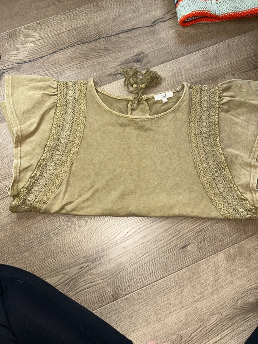 Women's Lace-Trim Olive Top with Tie Back